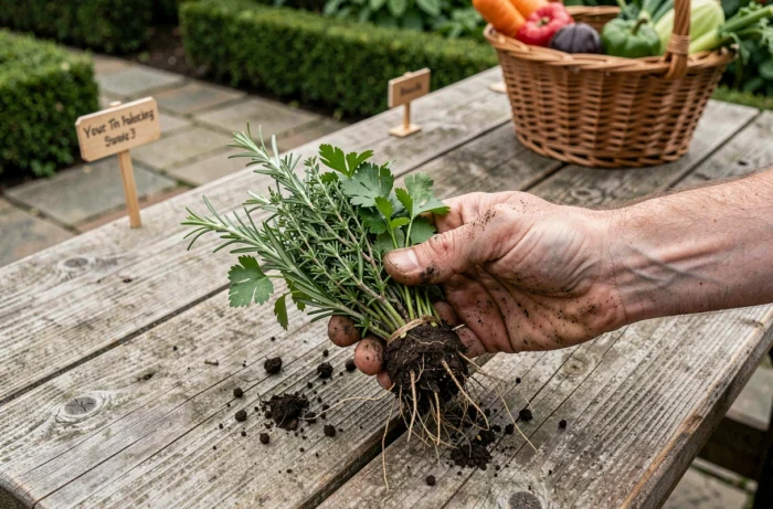 Mains tenant un bouquet de fines herbes fraîchement récoltées, romarin, thym et persil, avec de la terre sur les racines, au-dessus d'une table de jardin en bois brut