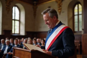 Maire portant l'écharpe tricolore lisant l'acte de mariage lors d'une cérémonie civile dans une mairie historique