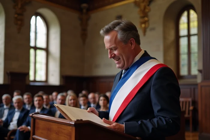 Maire portant l'écharpe tricolore lisant l'acte de mariage lors d'une cérémonie civile dans une mairie historique