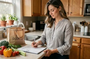 Maman moderne organisant son planning repas hebdomadaire dans une cuisine chaleureuse et bien rangée