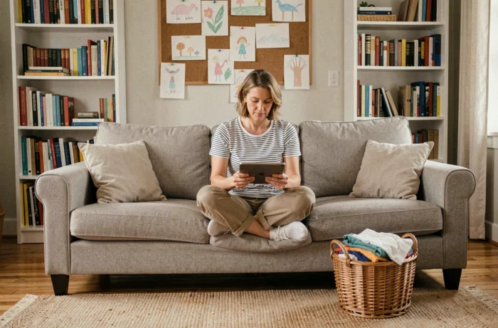 Maman multitâche gérant ses tâches quotidiennes depuis son canapé avec une tablette et du linge propre
