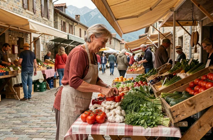 Marchande de produits locaux sur le marché traditionnel d'Argelès-Gazost dans les Hautes-Pyrénées
