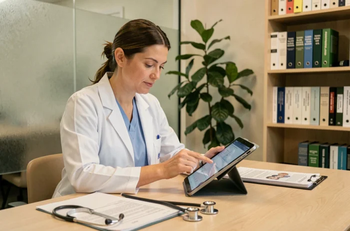 Médecin généraliste femme consultant des données patients sur une tablette dans un cabinet médical moderne et organisé
