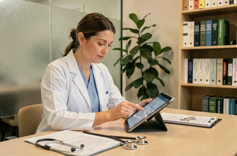 Médecin généraliste femme consultant des données patients sur une tablette dans un cabinet médical moderne et organisé