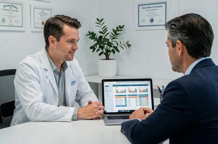 Médecin consultant un conseiller pour comparer des offres de mutuelle santé professionnelle