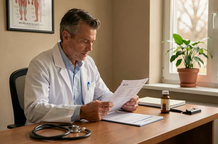 Médecin généraliste consultant un dossier patient concernant les contre-indications médicamenteuses