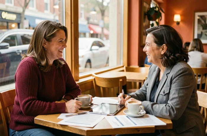 Deux femmes entrepreneures échangeant lors d'une séance de mentorat dans un café urbain
