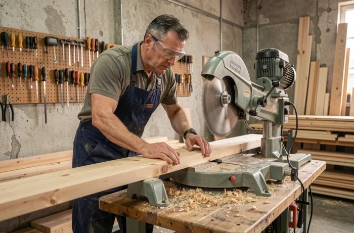 Menuisier utilisant une scie radiale dans un atelier professionnel équipé