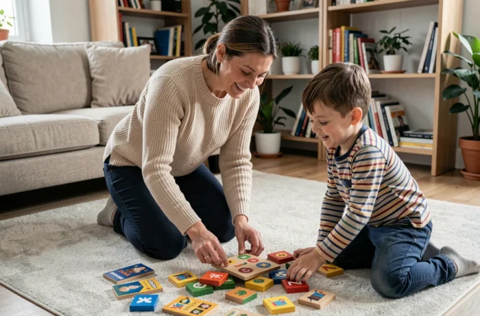 Mère et enfant jouant ensemble à un jeu de société sur le sol du salon, activité familiale créant des liens et favorisant l'épanouissement au quotidien