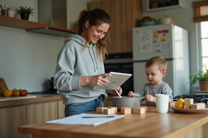 Mère multitâche dans une cuisine moderne avec son enfant en bas âge, illustrant les astuces du quotidien pour les parents