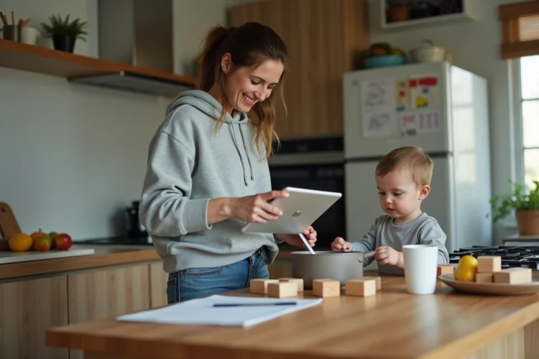 Mère multitâche dans une cuisine moderne avec son enfant en bas âge, illustrant les astuces du quotidien pour les parents