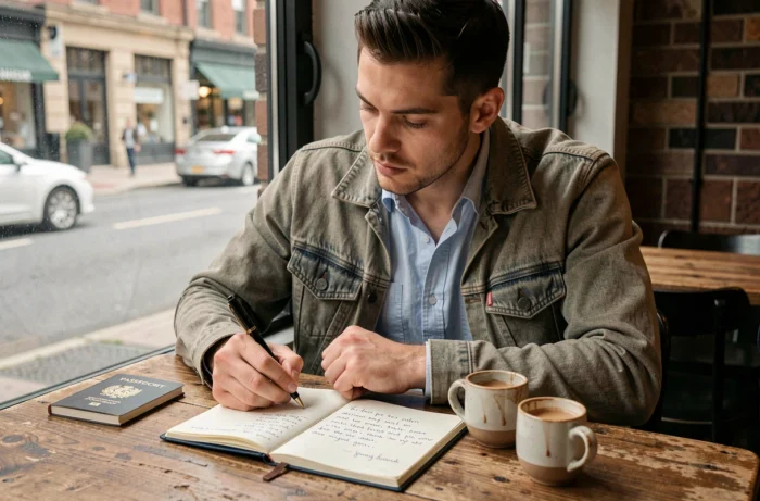 Homme écrivant un message de départ pour un collègue dans un café avant un voyage à l'étranger