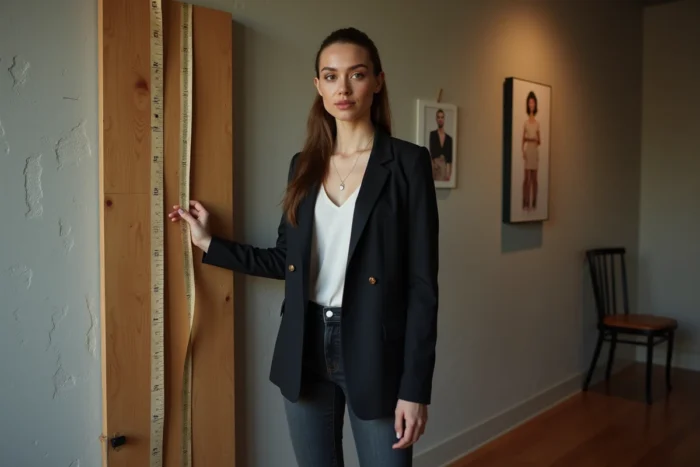Mannequin femme mesurée dans une agence de casting avec un mètre de couturier, représentant les standards professionnels du mannequinat