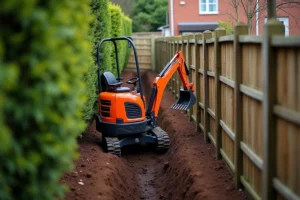 Mini pelle compacte travaillant dans un couloir de jardin étroit entre une clôture en bois et une haie