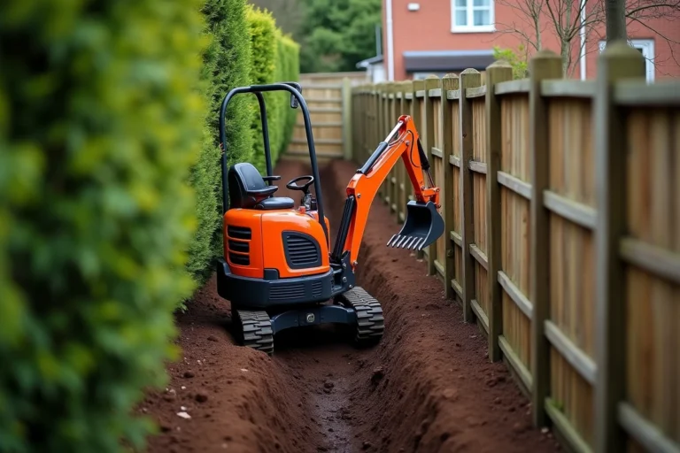 Mini pelle compacte travaillant dans un couloir de jardin étroit entre une clôture en bois et une haie