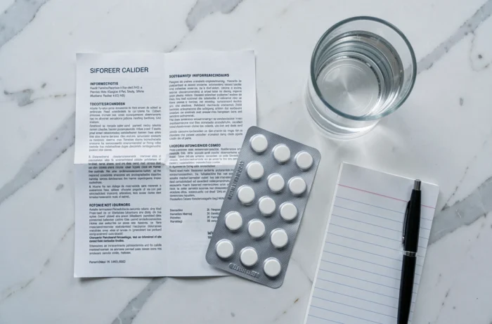 Notice médicamenteuse et comprimés posés sur une surface blanche illustrant les contre-indications de l'Argel 7