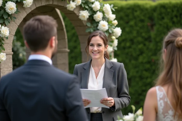 Officiante de cérémonie laïque lisant le discours de mariage devant les mariés dans un jardin fleuri