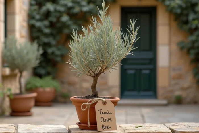 Olivier nain en pot de terre cuite avec étiquette cadeau en ficelle naturelle sur fond de cour provençale en pierre
