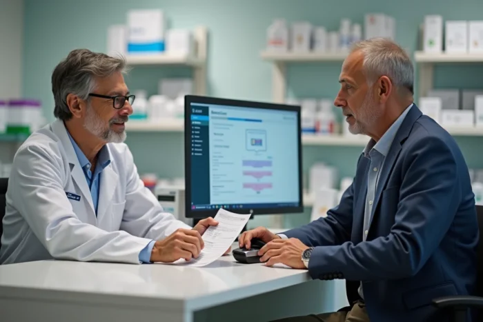Patient et pharmacien consultant un code CIP lors d'une délivrance d'ordonnance en pharmacie
