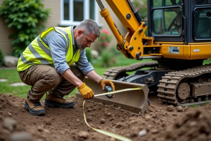 Paysagiste mesurant la largeur d'une mini pelle sur un chantier de jardinage résidentiel