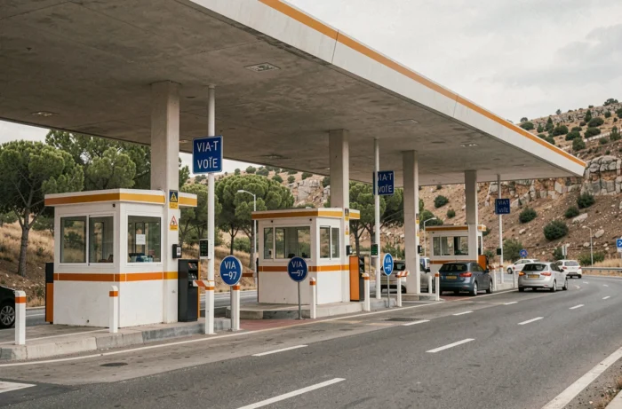 Barrière de péage sur une autoroute payante en Espagne avec cabines de paiement et signalisation Via-T