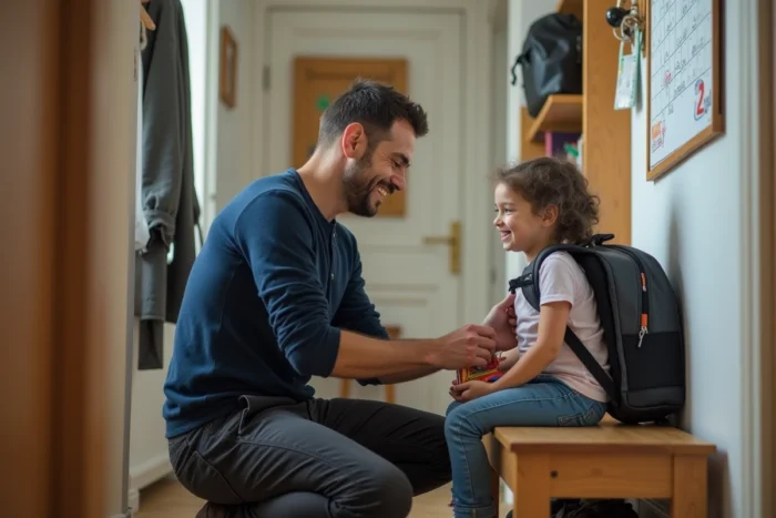 Père aidant sa fille à préparer son cartable dans le couloir familial, conseil organisation matin pour parents