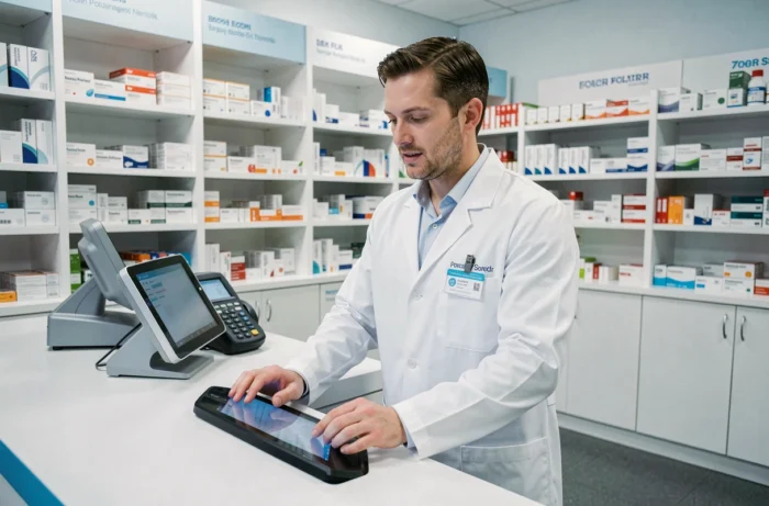 Pharmacien utilisant un logiciel de gestion sur ordinateur tactile derrière le comptoir d'une pharmacie moderne