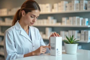 Pharmacienne examinant un code CIP sur une boîte de médicament dans une pharmacie moderne