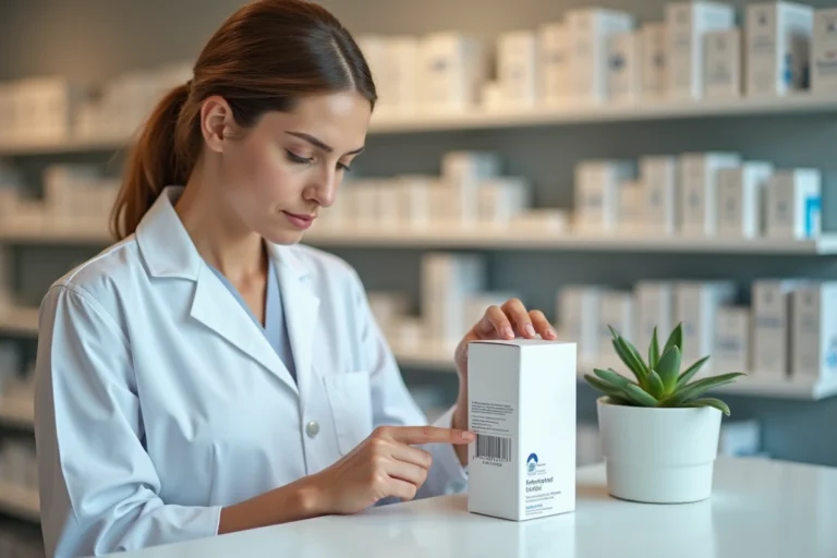 Pharmacienne examinant un code CIP sur une boîte de médicament dans une pharmacie moderne