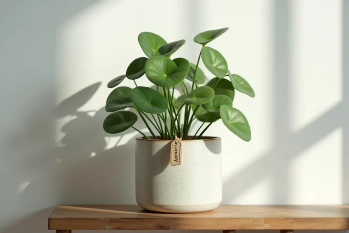 Pilea peperomioides aux feuilles rondes dans un cache-pot en grès artisanal émaillé avec étiquette tissée, cadeau de mariage tendance