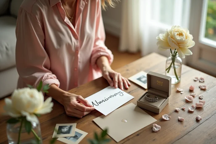 Femme préparant un cadeau de noces d'argent avec un bracelet en argent, une carte manuscrite et des photos souvenirs sur une table en bois rustique