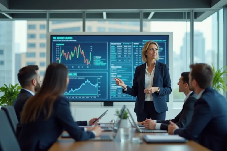 Femme d'affaires présentant des indicateurs économiques locaux à des investisseurs dans une salle de réunion moderne