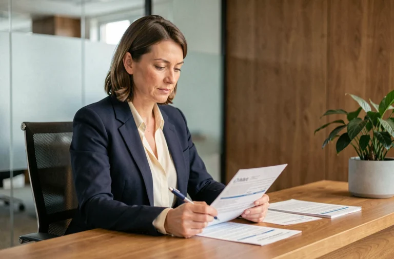 Professionnelle en blazer marine qui étudie des documents de mutuelle santé dans un bureau moderne
