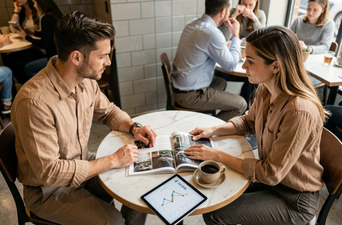 Deux professionnels discutant des tendances du magazine SLR présenté par Marqueting autour d'un café en ville