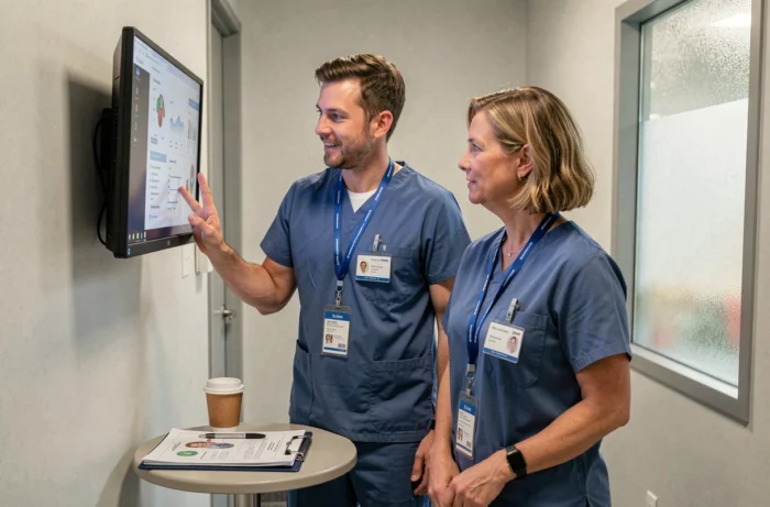 Infirmier et médecin spécialiste collaborant devant un tableau de bord de santé numérique dans un couloir hospitalier