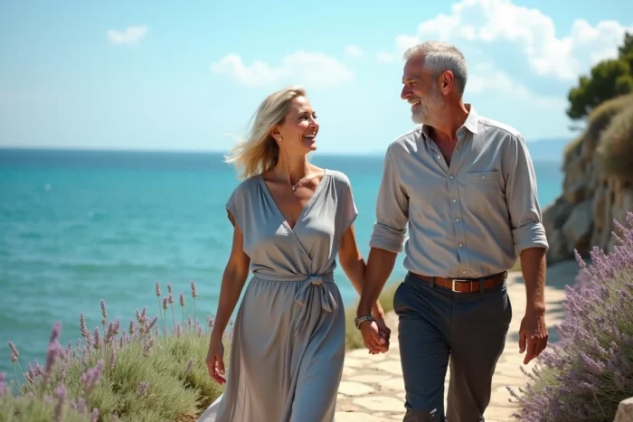 Couple de cinquantenaires se promenant main dans la main sur un sentier côtier méditerranéen pour célébrer 25 ans de vie commune