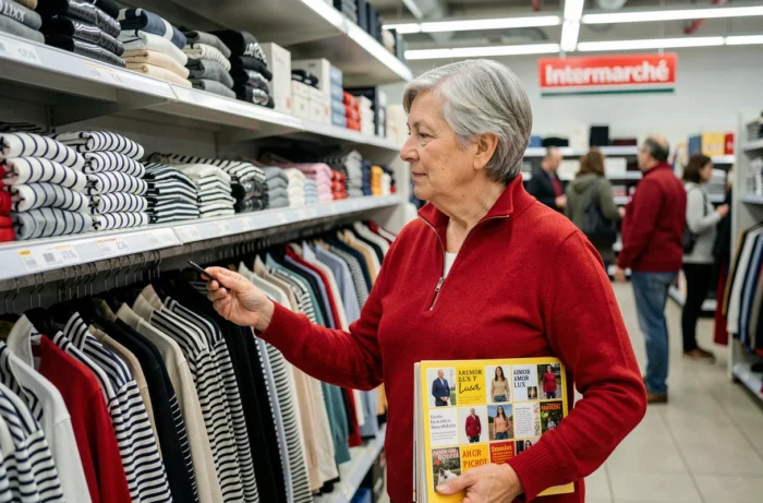 Femme en pull Armor Lux consultant les vêtements en promotion dans un rayon Intermarché