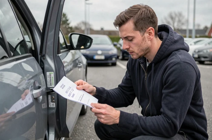 Homme recherchant le code autoradio Volkswagen en consultant l'étiquette d'identification du véhicule sur le montant de porte