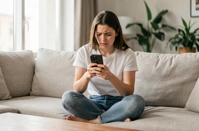 Jeune femme recherchant un e-mail supprimé sur son smartphone depuis son salon