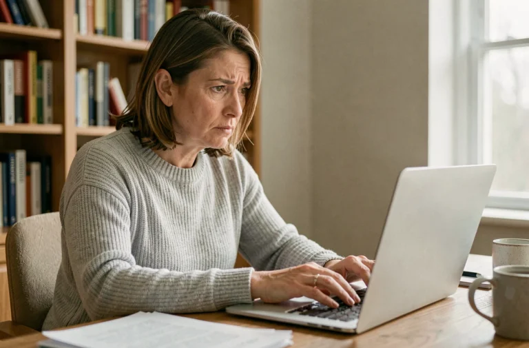 Femme d'une quarantaine d'années cherchant un e-mail supprimé sur son ordinateur portable dans un bureau à domicile