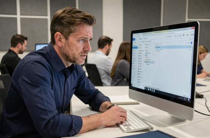 Homme en bureau professionnel tentant de récupérer un message supprimé depuis son client e-mail sur ordinateur de bureau