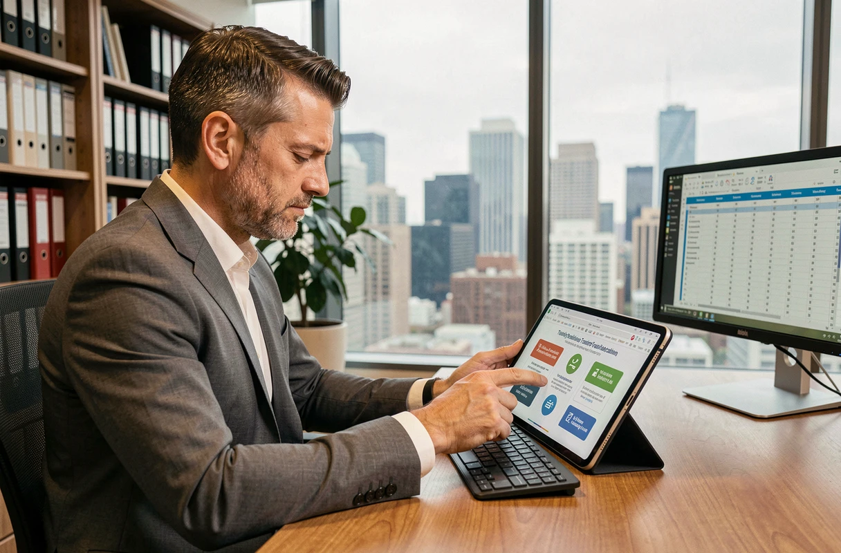 Responsable RH analysant une comparaison de plateformes de formation et développement des employés sur une tablette dans un bureau exécutif