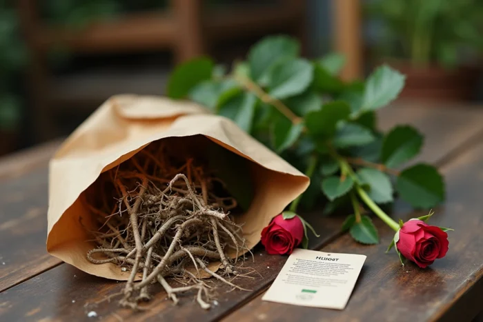 Rosier grimpant à racines nues emballé dans du papier kraft avec fiche de plantation, présentation naturelle pour un cadeau de mariage
