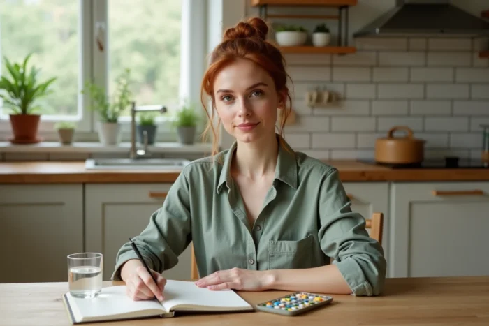 Jeune femme prenant ses compléments capillaires Lashilé Good Hair au quotidien à table avec un journal de bien-être