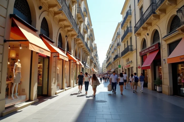 Rue commerçante de Marseille avec magasins de vêtements ouverts le dimanche