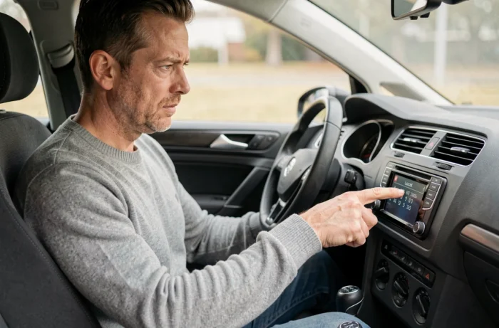 Homme en train de saisir le code autoradio Volkswagen sur le panneau de son tableau de bord