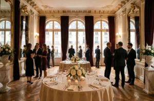 Salle de réception parisienne élégante décorée pour un événement privé avec tables dressées et invités en tenue professionnelle