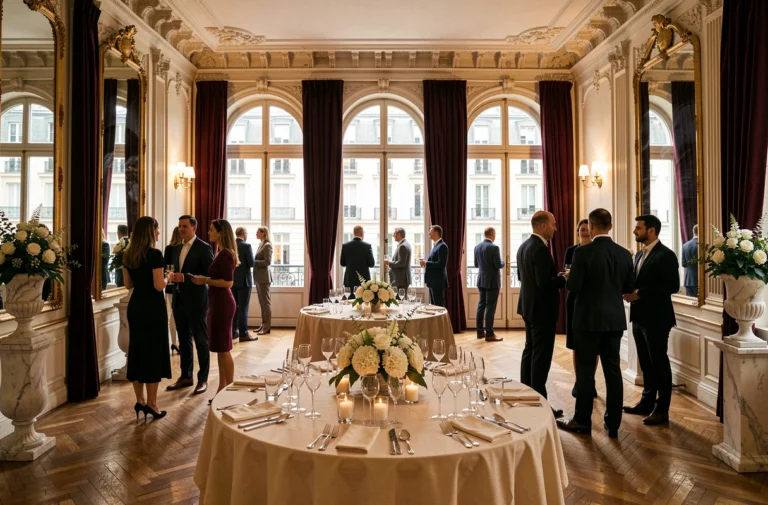 Salle de réception parisienne élégante décorée pour un événement privé avec tables dressées et invités en tenue professionnelle