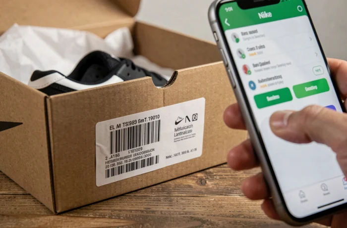 Gros plan sur le scan du code barres UPC d'une boîte de chaussures Nike avec une application de vérification