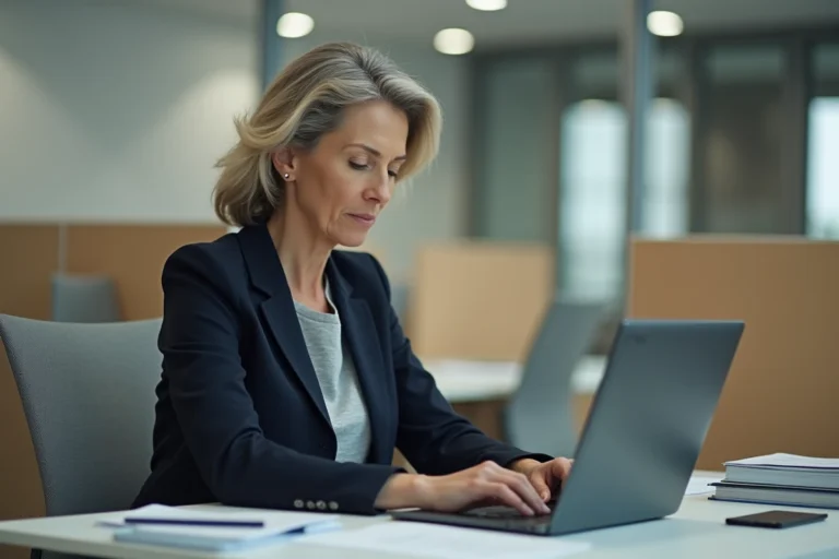 Femme administratrice consultant sa messagerie PIAL sur un ordinateur portable dans un bureau académique de Nancy-Metz